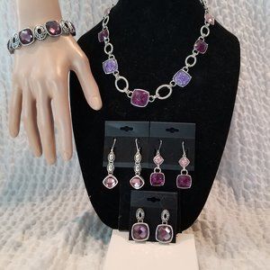 Quality Beautiful hues of purple,pink, Necklace, bracelet, 3 pair of earrings.
